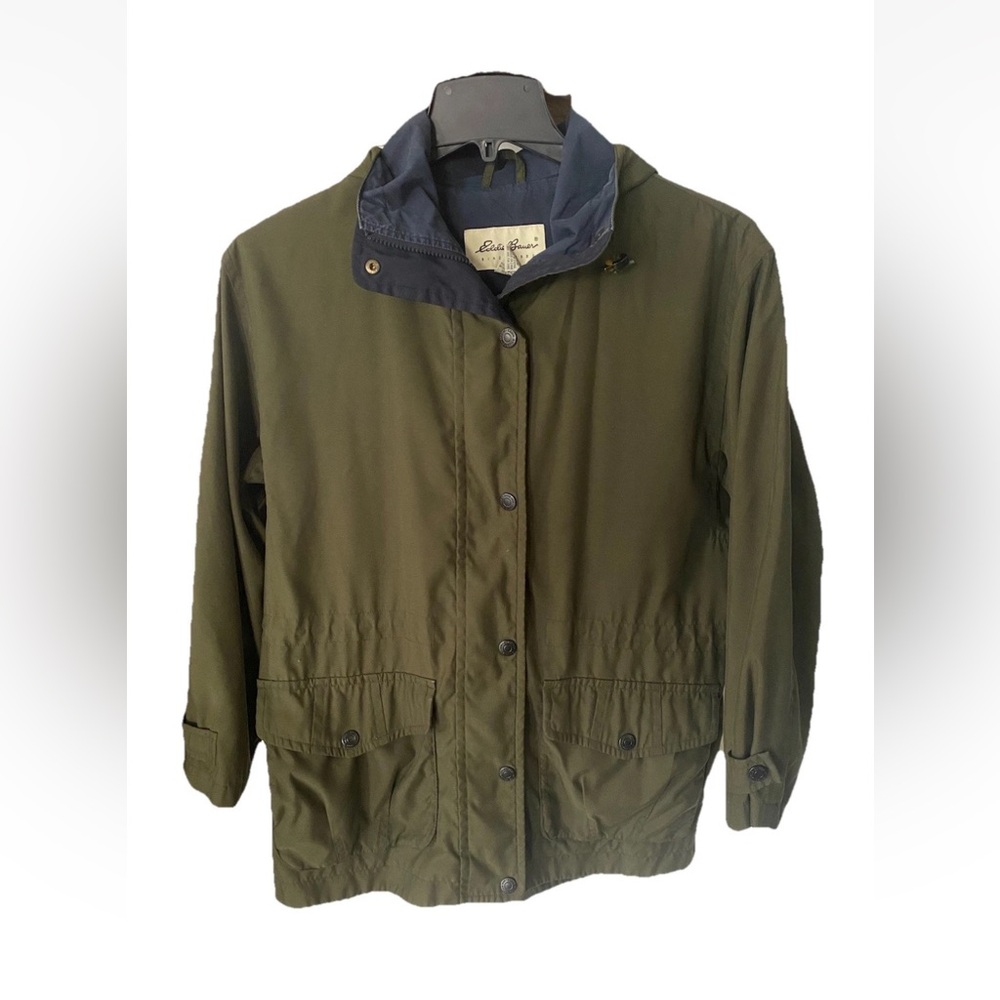 Vintage Women Sz S Eddie Bauer Olive Green Jacket Coat W Navy Blue Interior